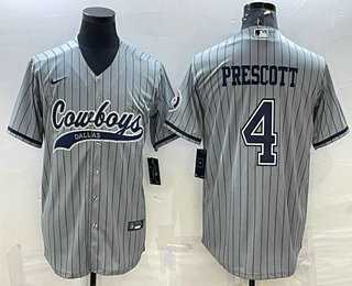 Mens Dallas Cowboys #4 Dak Prescott Grey Pinstripe With Patch Cool Base Stitched Baseball Jersey
